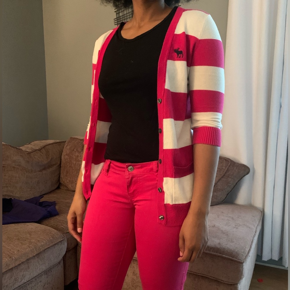 Pink and White Striped Abercrombie Cardigan